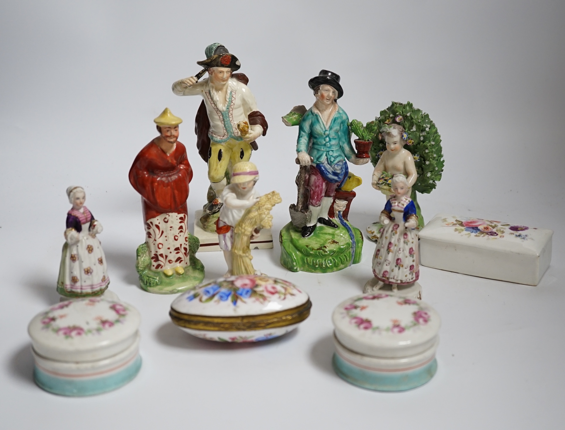 A group of early 19th century and later Staffordshire and other figures, Staffordshire enamel boxes etc, largest 17cm high